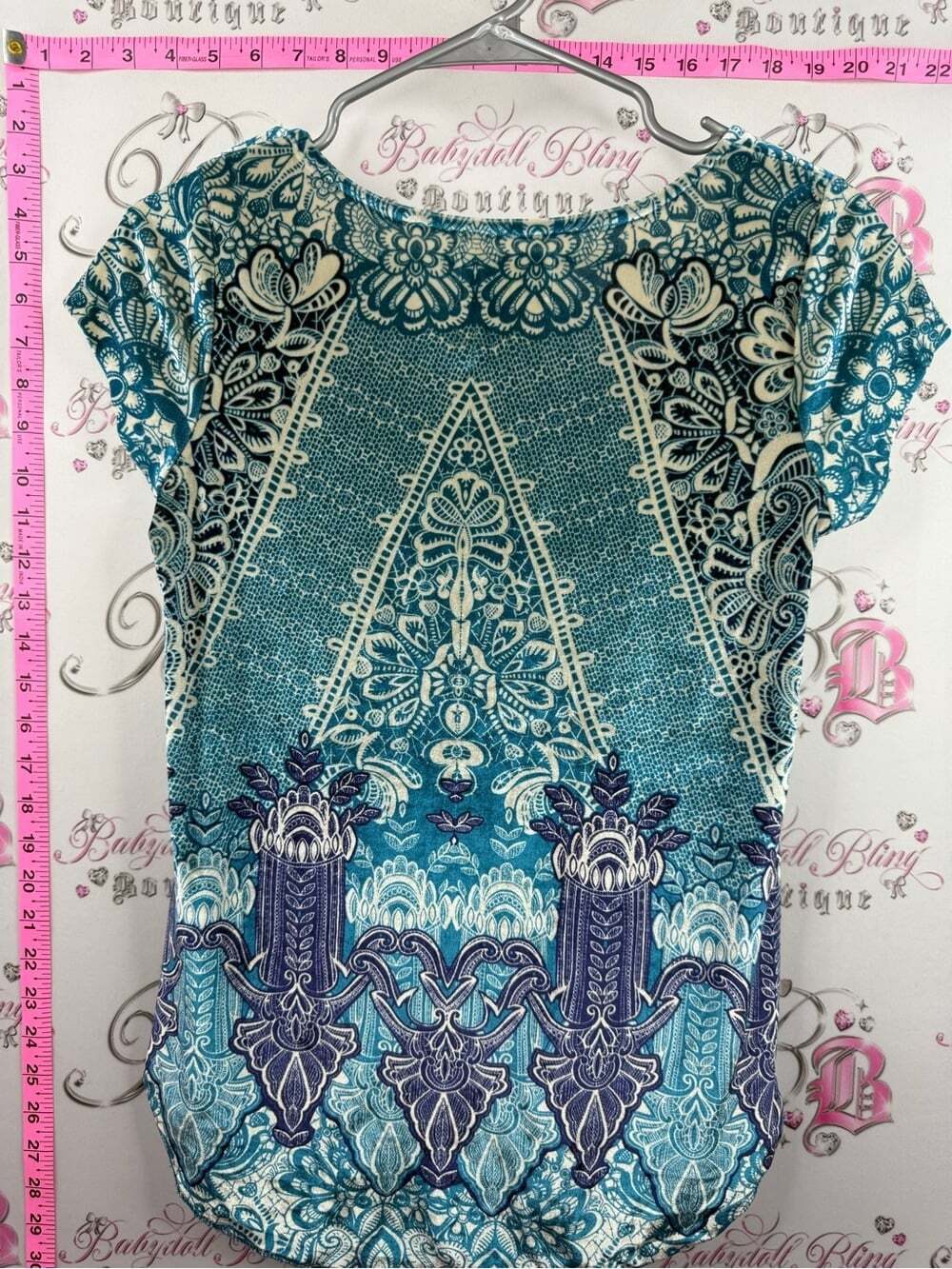 Lucky Brand HOLLY flock Teal and Navy Short Sleeve Printed Scoop Neck Top - Picture 4 of 12